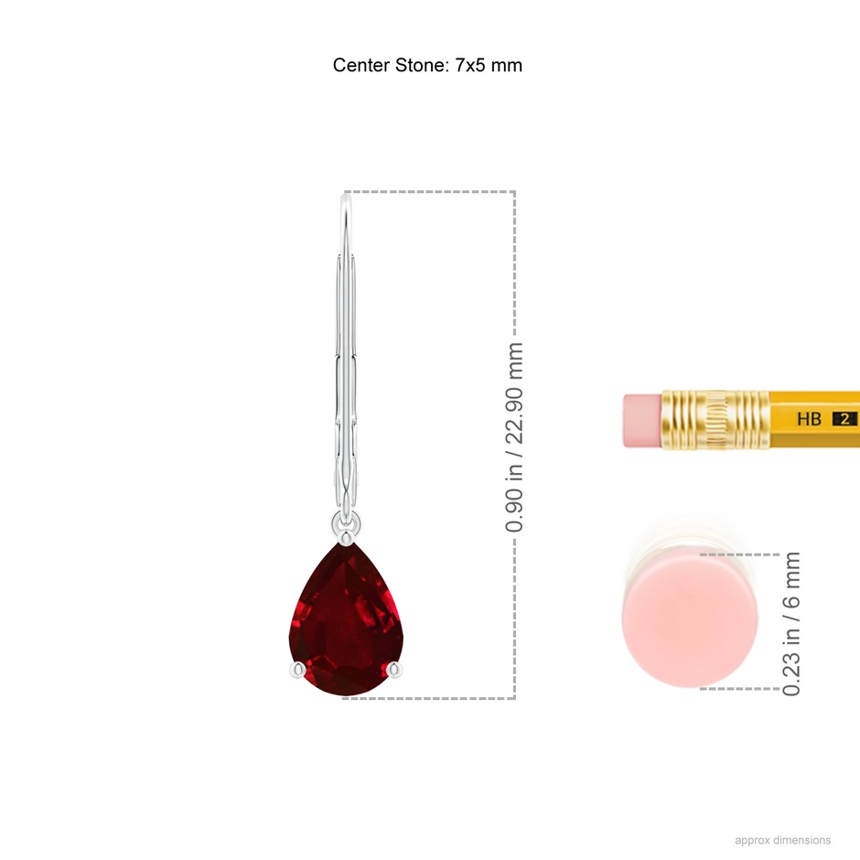 7x5mm AAAA Solitaire Pear-Shaped Ruby Leverback Earrings in P950 Platinum ruler