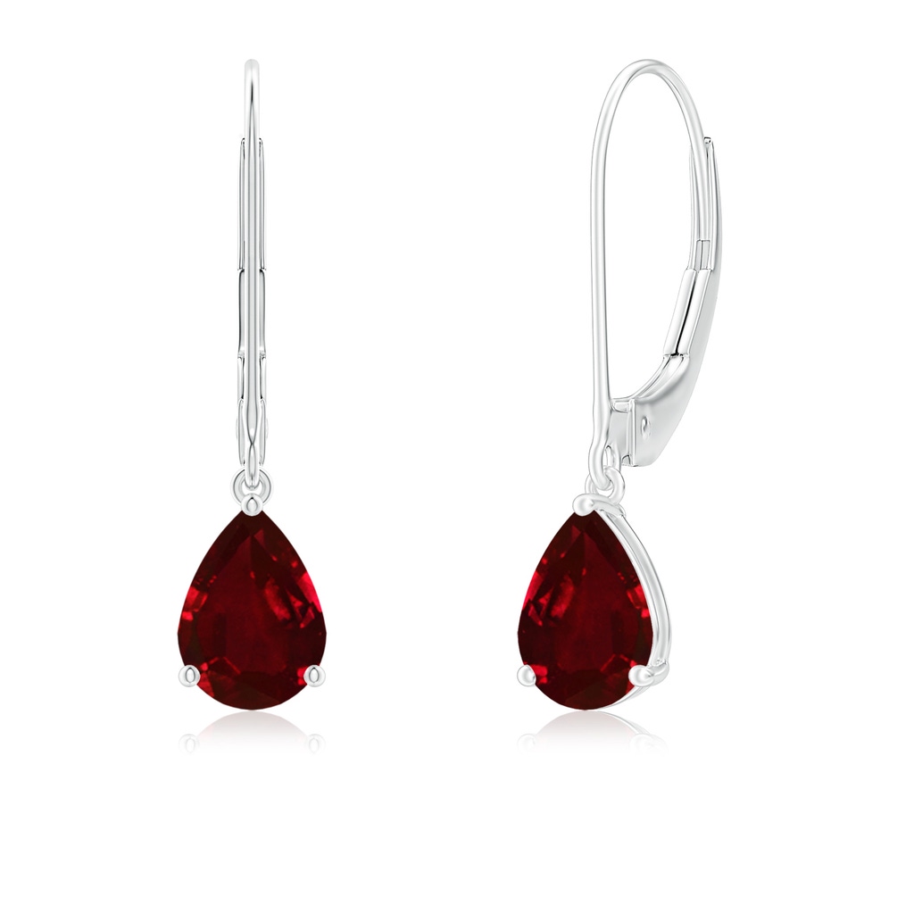 7x5mm AAAA Solitaire Pear-Shaped Ruby Leverback Earrings in White Gold
