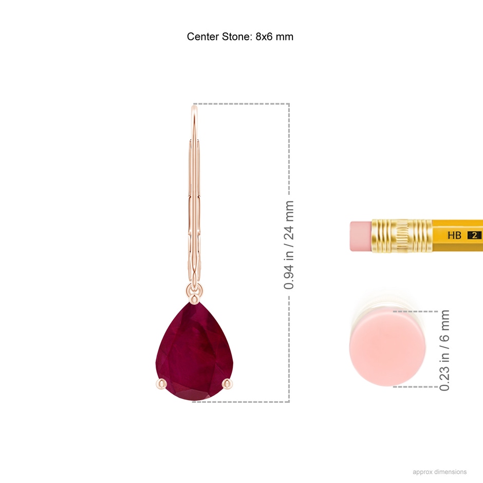 8x6mm A Solitaire Pear-Shaped Ruby Leverback Earrings in Rose Gold ruler