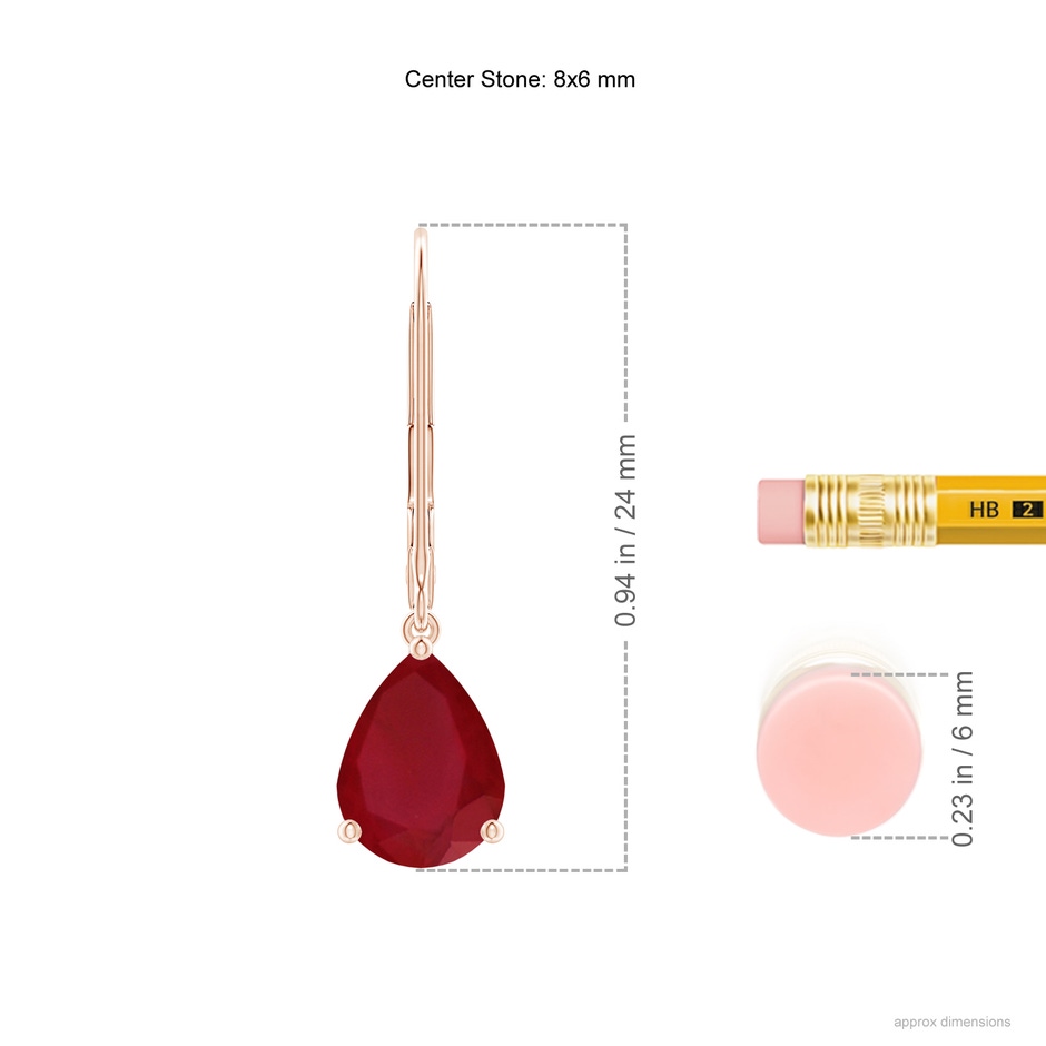 8x6mm AA Solitaire Pear-Shaped Ruby Leverback Earrings in Rose Gold ruler