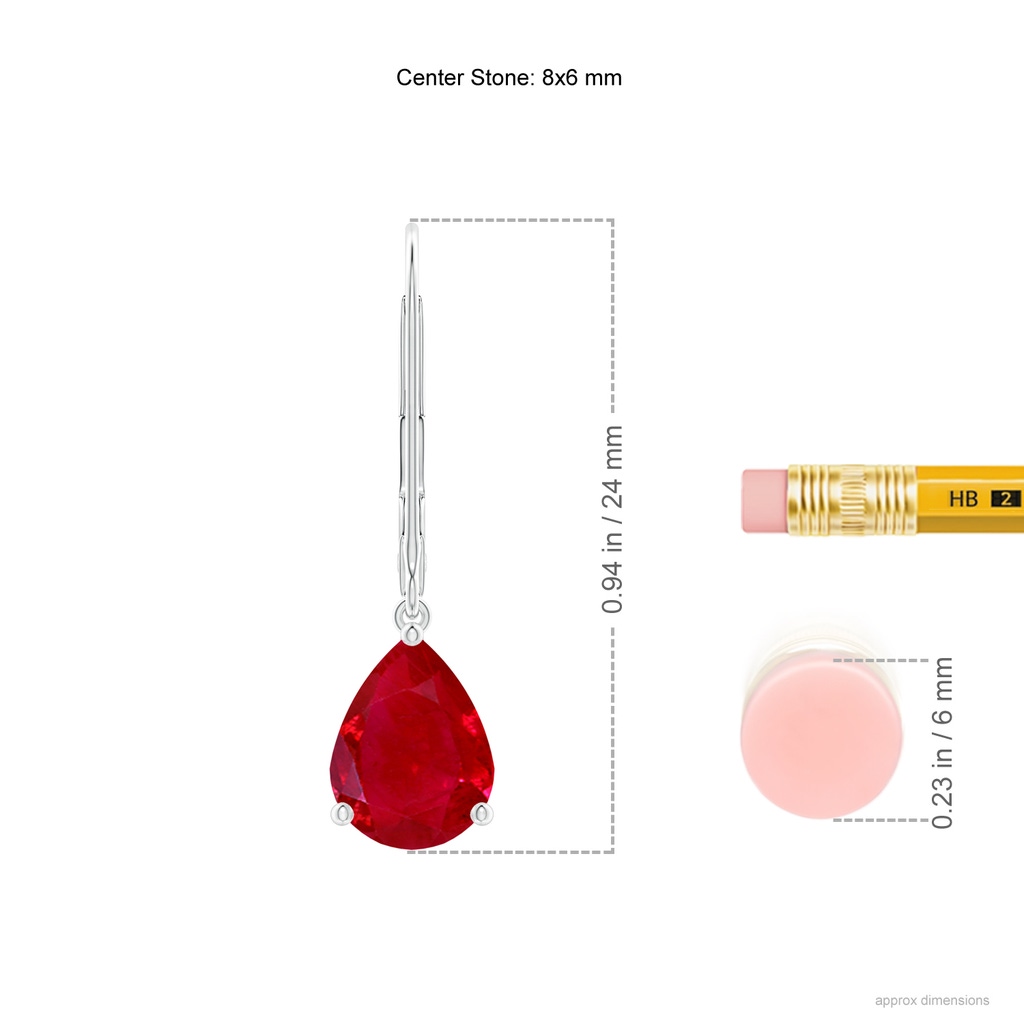 8x6mm AAA Solitaire Pear-Shaped Ruby Leverback Earrings in P950 Platinum ruler