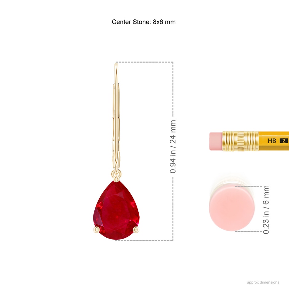 8x6mm AAA Solitaire Pear-Shaped Ruby Leverback Earrings in Yellow Gold ruler