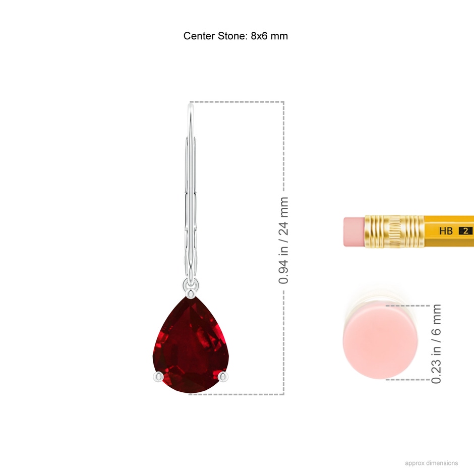 8x6mm AAAA Solitaire Pear-Shaped Ruby Leverback Earrings in P950 Platinum ruler