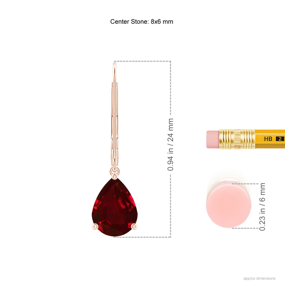 8x6mm AAAA Solitaire Pear-Shaped Ruby Leverback Earrings in Rose Gold ruler