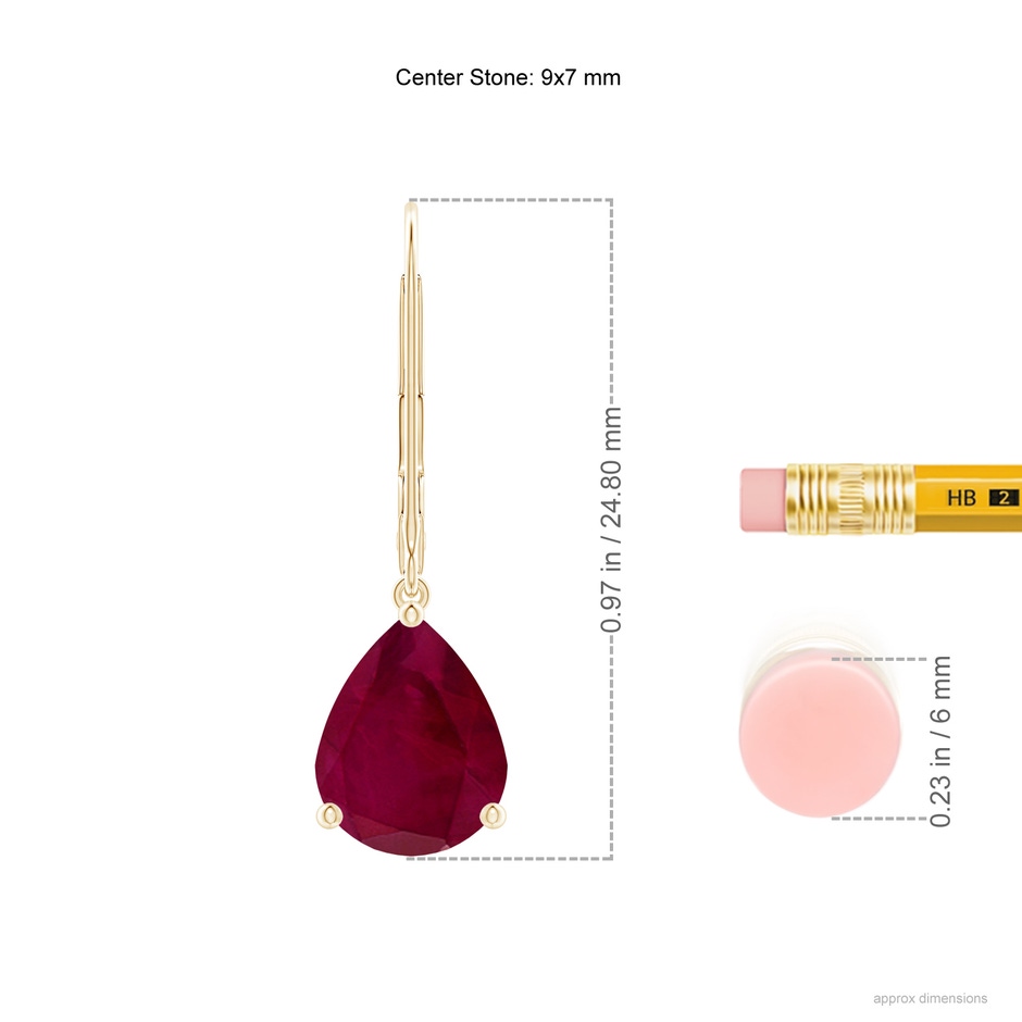 9x7mm A Solitaire Pear-Shaped Ruby Leverback Earrings in Yellow Gold ruler