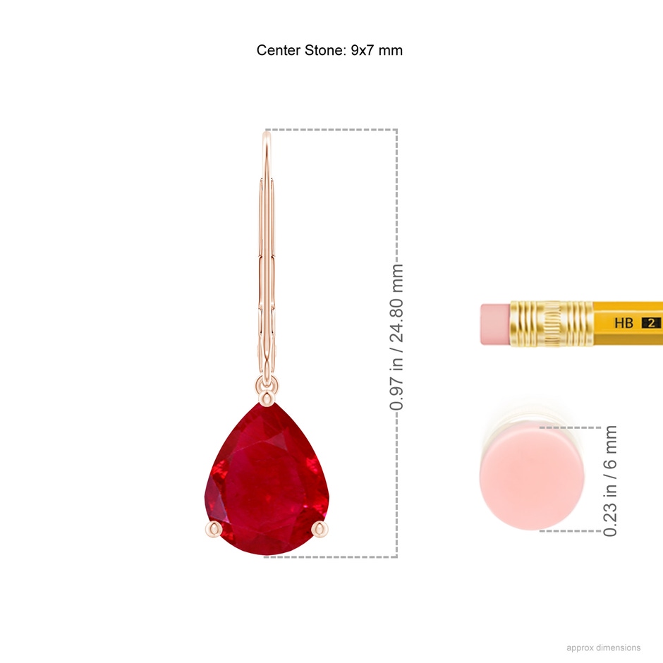 9x7mm AAA Solitaire Pear-Shaped Ruby Leverback Earrings in Rose Gold ruler