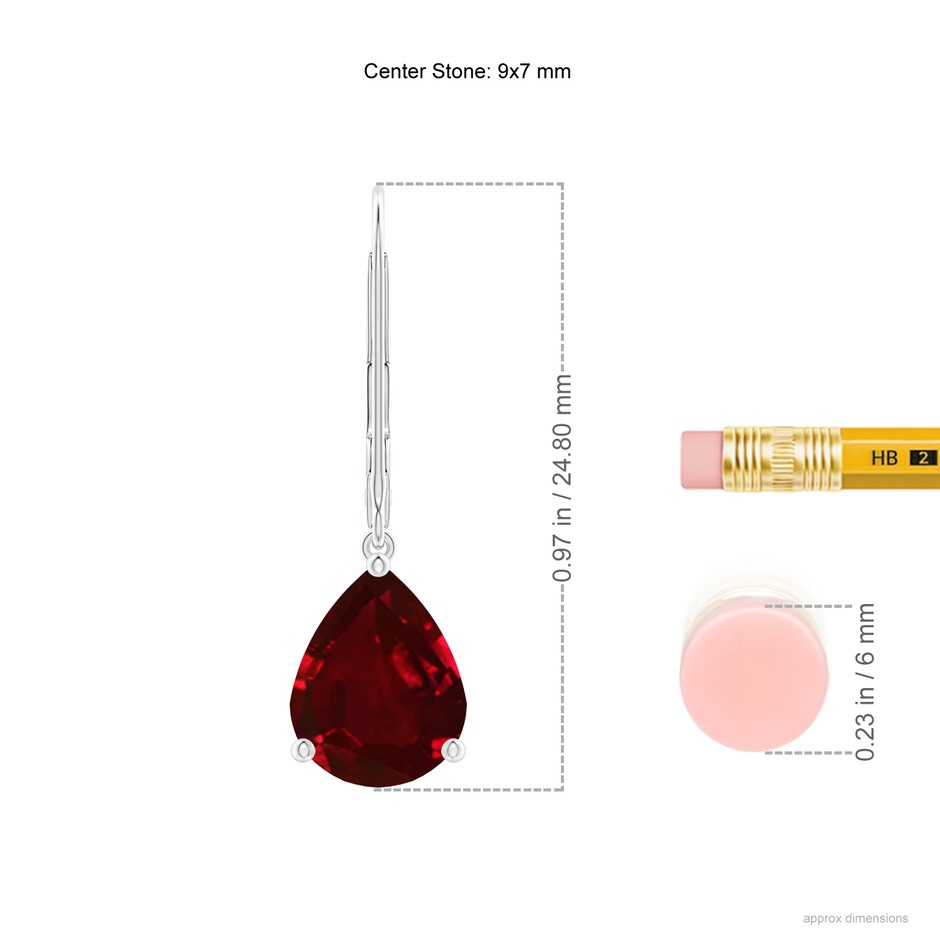9x7mm AAAA Solitaire Pear-Shaped Ruby Leverback Earrings in P950 Platinum ruler