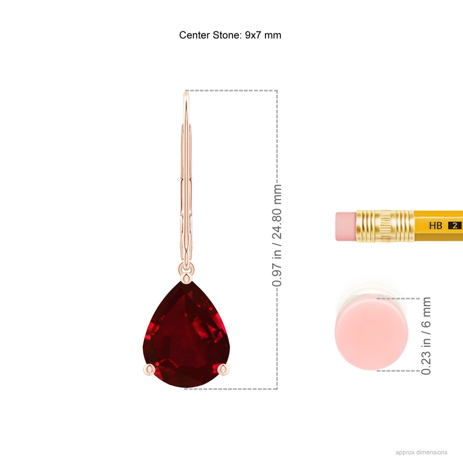 9x7mm AAAA Solitaire Pear-Shaped Ruby Leverback Earrings in Rose Gold ruler