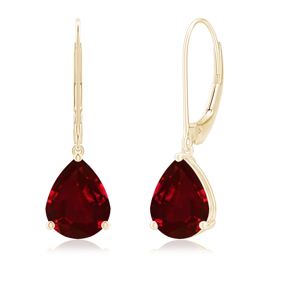 9x7mm AAAA Solitaire Pear-Shaped Ruby Leverback Earrings in Yellow Gold 
