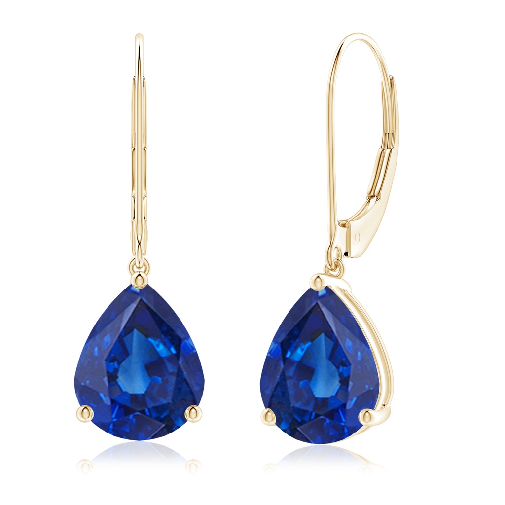 10x8mm AAA Solitaire Pear-Shaped Blue Sapphire Leverback Earrings in Yellow Gold