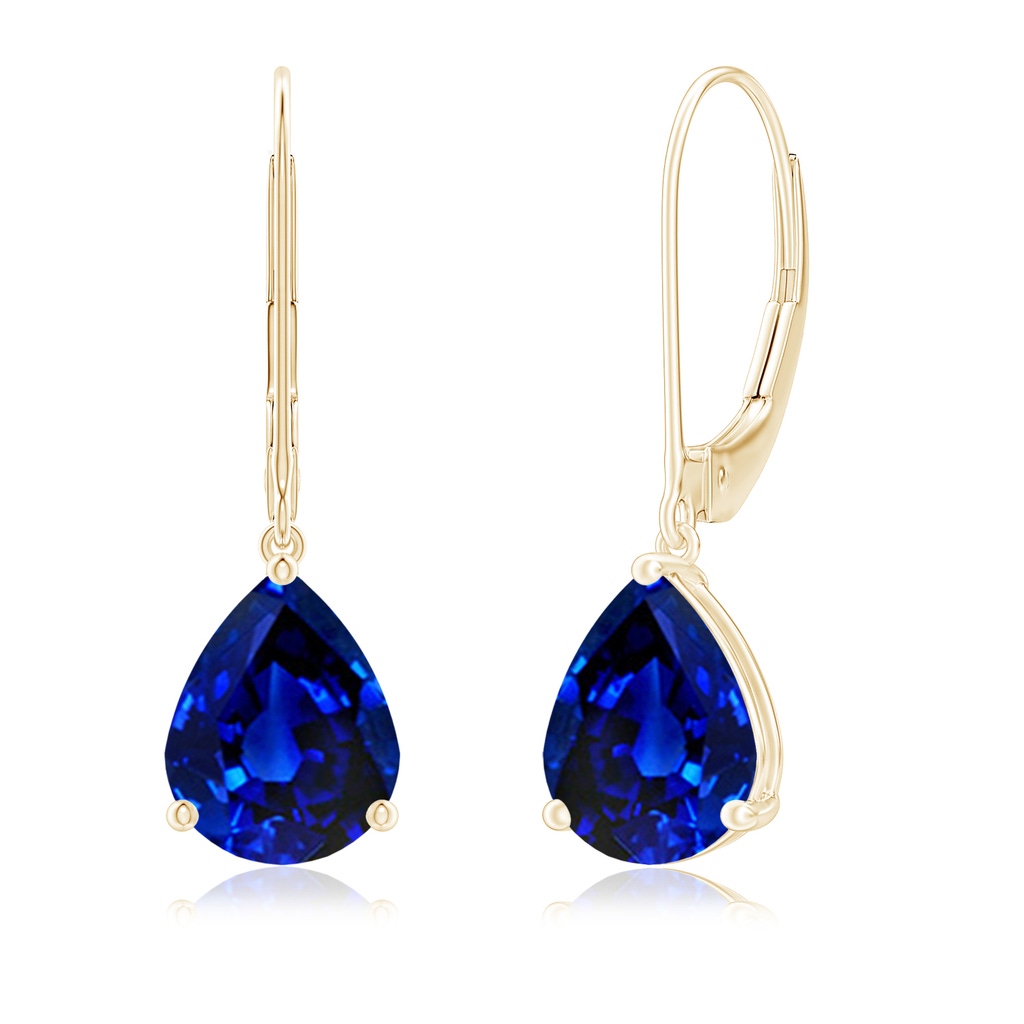 9x7mm Lab-Grown Solitaire Pear-Shaped Blue Sapphire Leverback Earrings in Yellow Gold