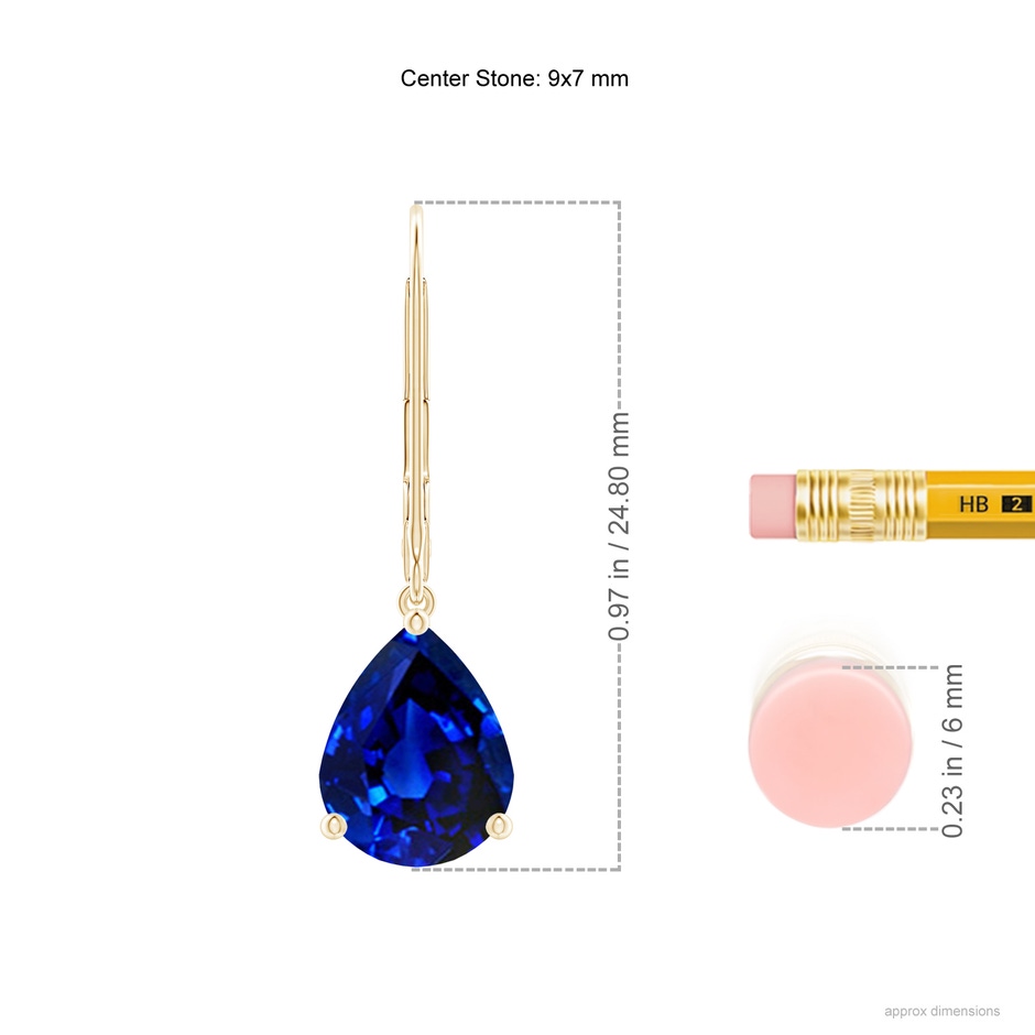 9x7mm Lab-Grown Solitaire Pear-Shaped Blue Sapphire Leverback Earrings in Yellow Gold ruler