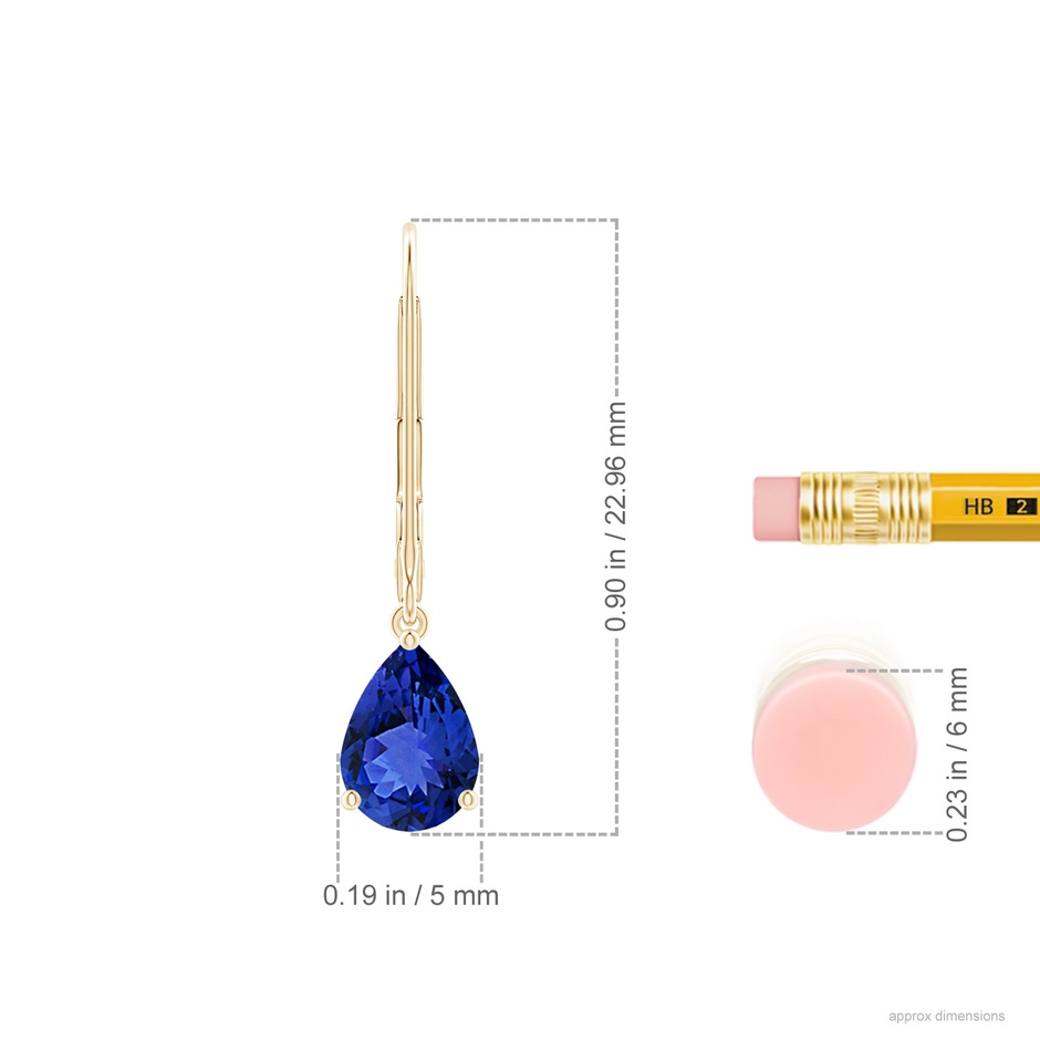 7x5mm AAA Solitaire Pear-Shaped Tanzanite Leverback Earrings in Yellow Gold ruler