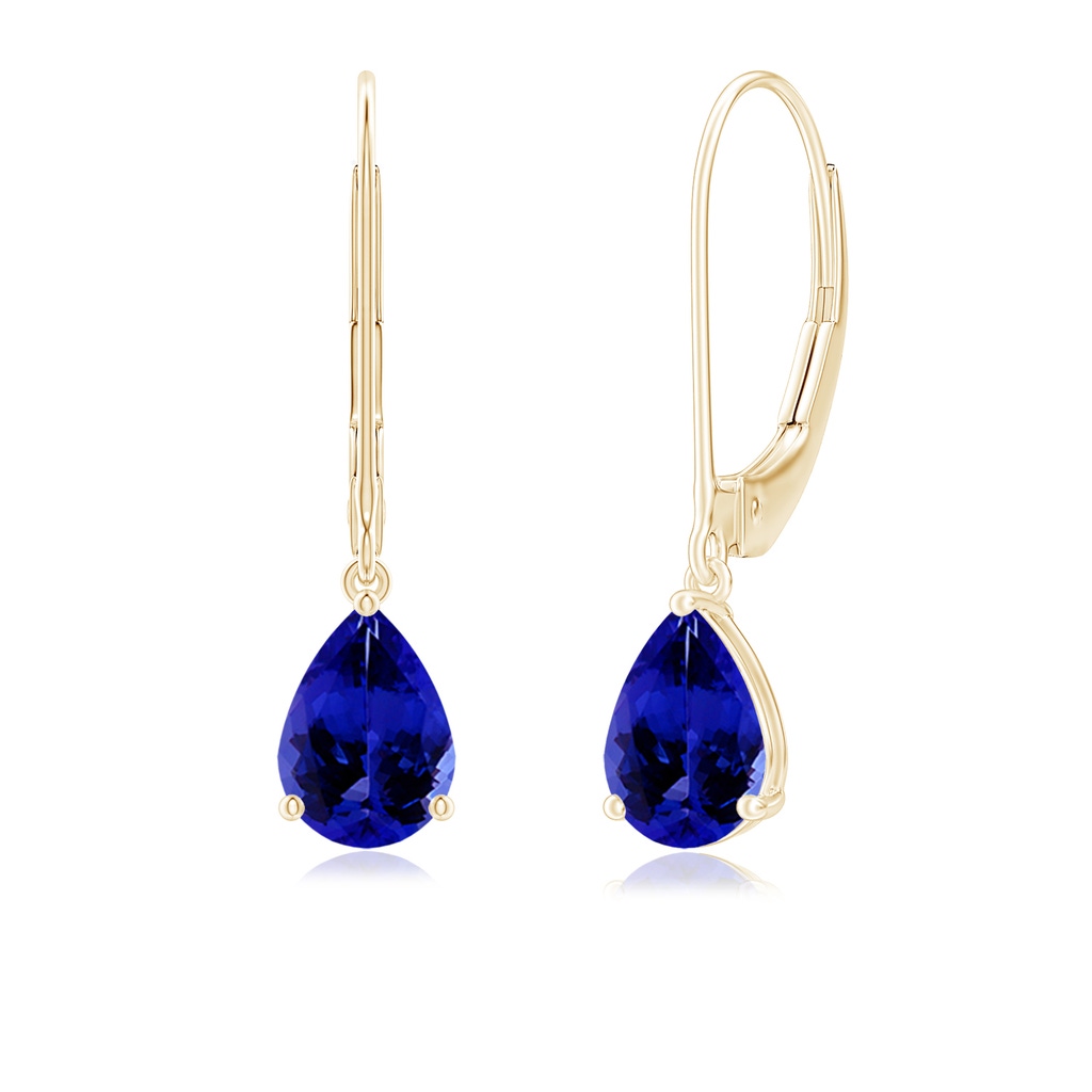 7x5mm AAAA Solitaire Pear-Shaped Tanzanite Leverback Earrings in Yellow Gold