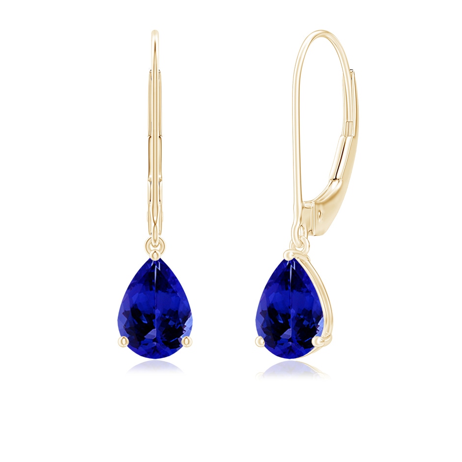 7x5mm AAAA Solitaire Pear-Shaped Tanzanite Leverback Earrings in Yellow Gold 