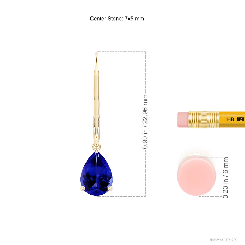 7x5mm AAAA Solitaire Pear-Shaped Tanzanite Leverback Earrings in Yellow Gold ruler