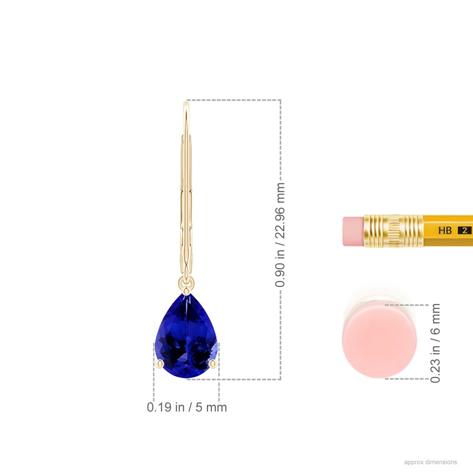 7x5mm AAAA Solitaire Pear-Shaped Tanzanite Leverback Earrings in Yellow Gold ruler