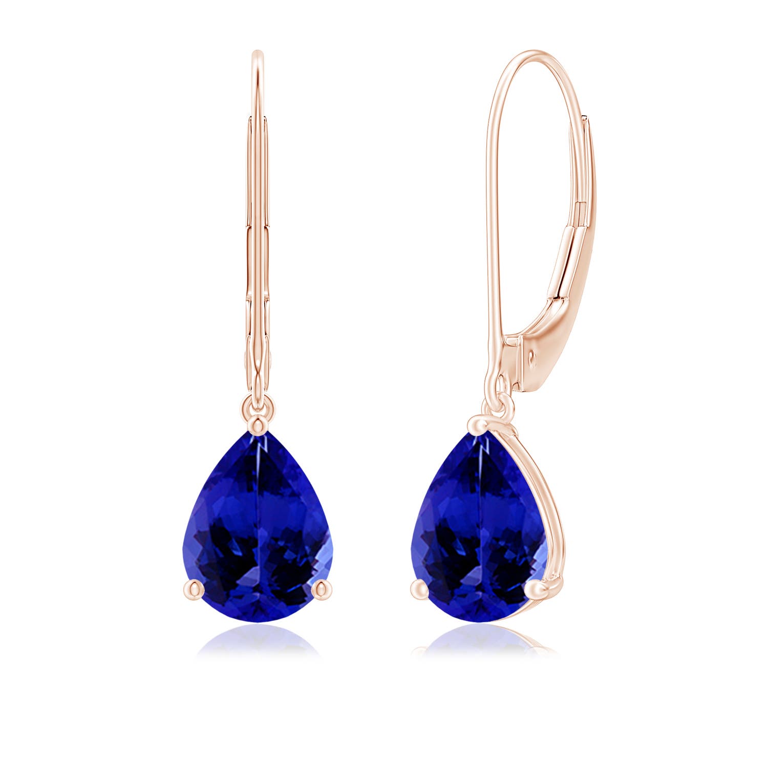 8x6mm AAAA Solitaire Pear-Shaped Tanzanite Leverback Earrings in 18K Rose Gold