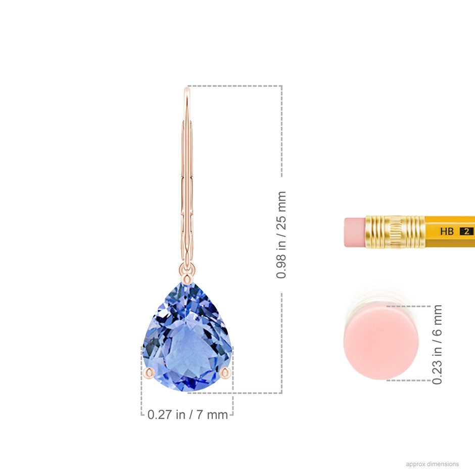 9x7mm A Solitaire Pear-Shaped Tanzanite Leverback Earrings in Rose Gold ruler