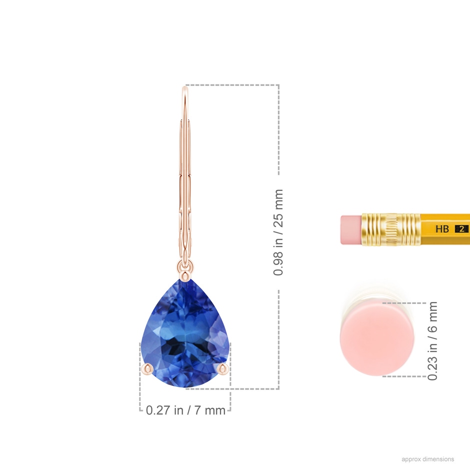 9x7mm AA Solitaire Pear-Shaped Tanzanite Leverback Earrings in Rose Gold ruler