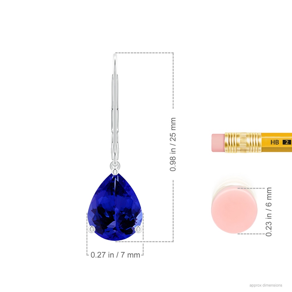 9x7mm AAAA Solitaire Pear-Shaped Tanzanite Leverback Earrings in P950 Platinum ruler