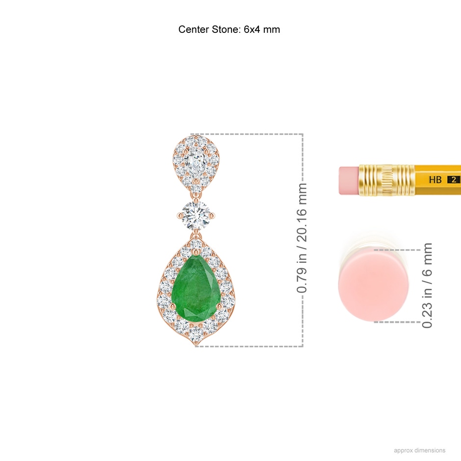 6x4mm A Emerald and Diamond Halo Teardrop Earrings in Rose Gold ruler
