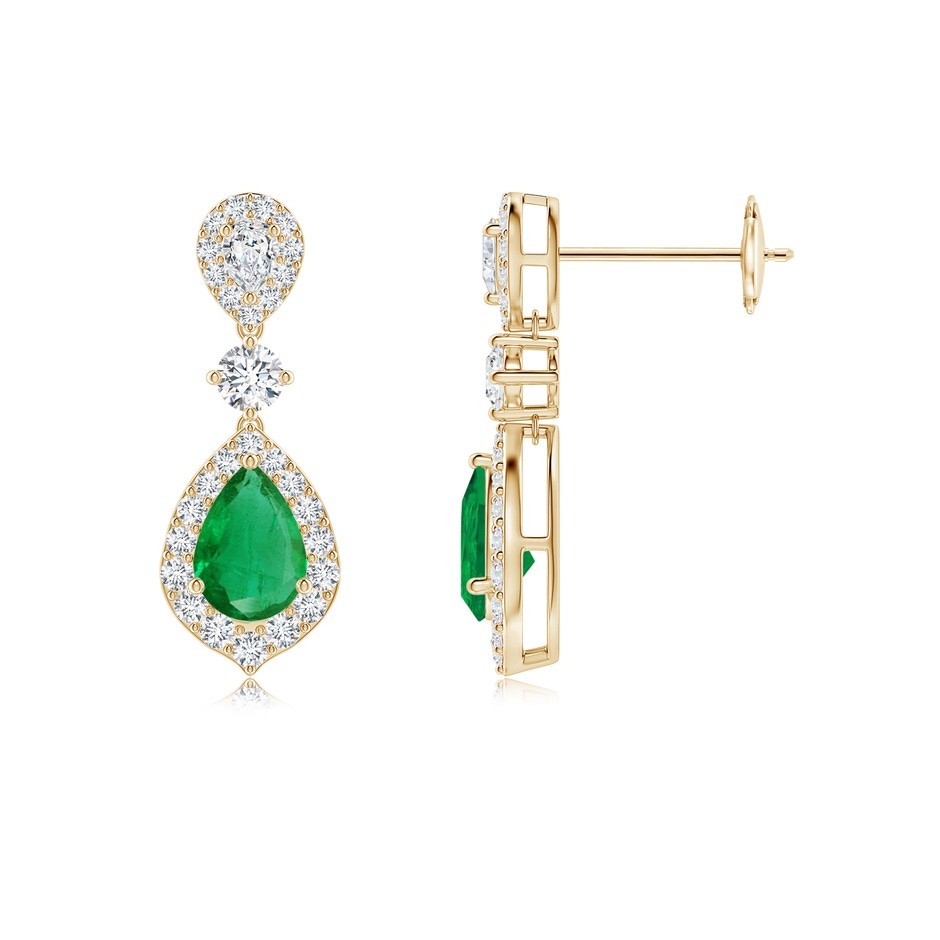 6x4mm AA Emerald and Diamond Halo Teardrop Earrings in Yellow Gold 