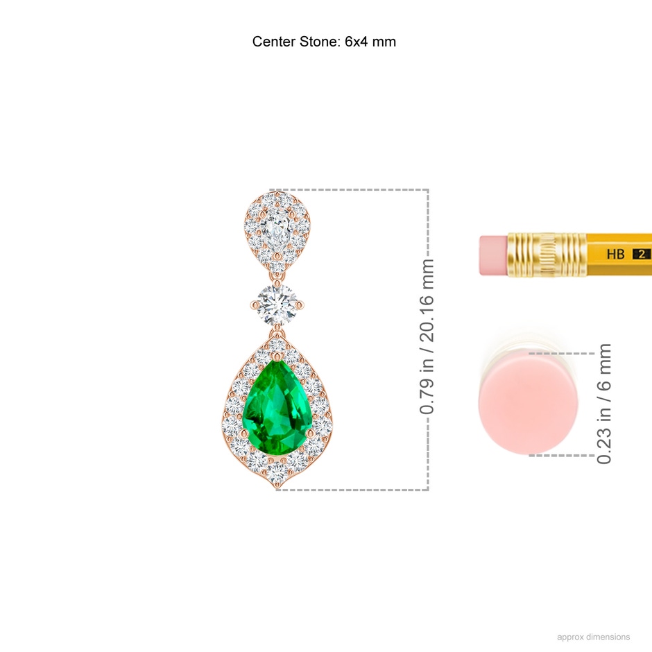 6x4mm AAA Emerald and Diamond Halo Teardrop Earrings in Rose Gold ruler