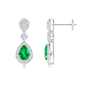 6x4mm AAA Emerald and Diamond Halo Teardrop Earrings in White Gold