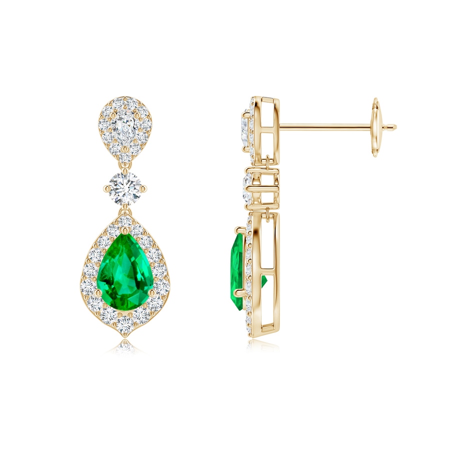 6x4mm AAA Emerald and Diamond Halo Teardrop Earrings in Yellow Gold 