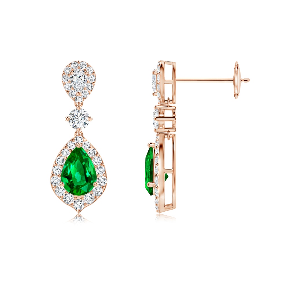 6x4mm AAAA Emerald and Diamond Halo Teardrop Earrings in Rose Gold