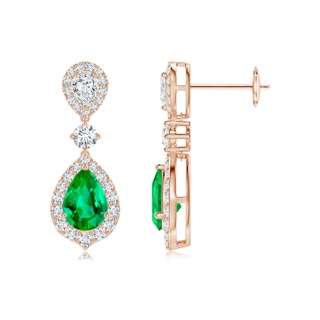 7x5mm AAA Emerald and Diamond Halo Teardrop Earrings in Rose Gold