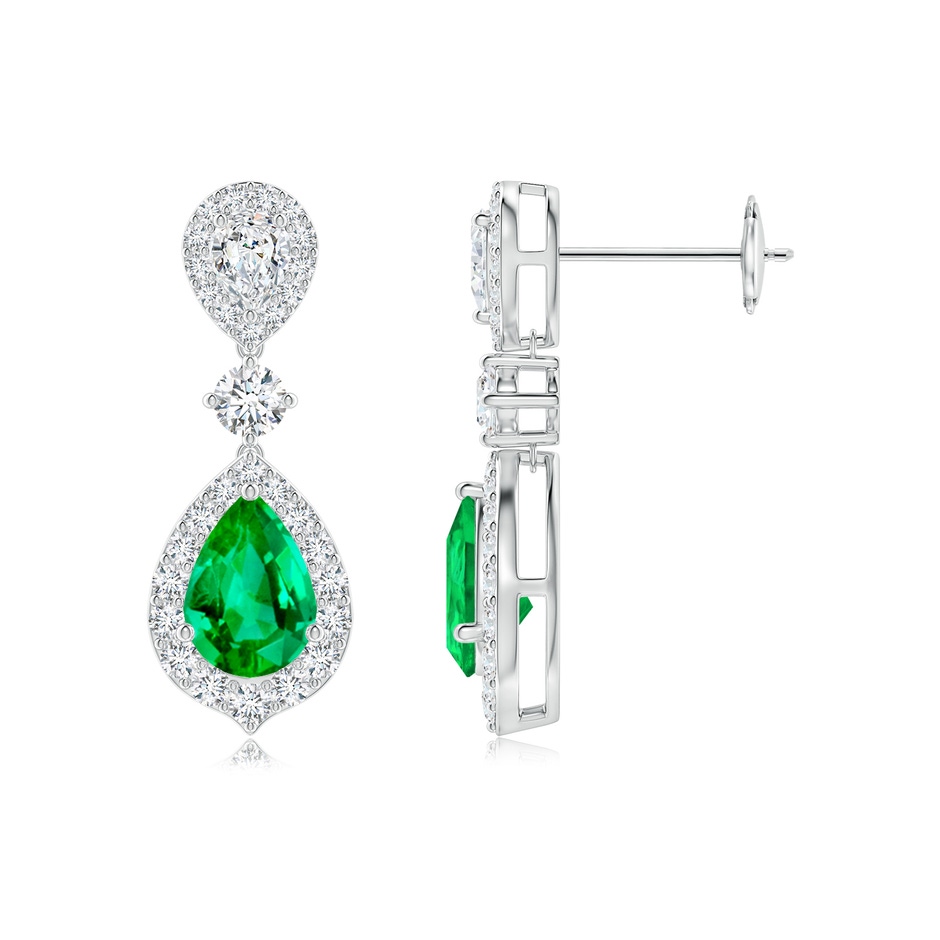 7x5mm AAA Emerald and Diamond Halo Teardrop Earrings in White Gold 