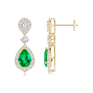 7x5mm AAA Emerald and Diamond Halo Teardrop Earrings in Yellow Gold