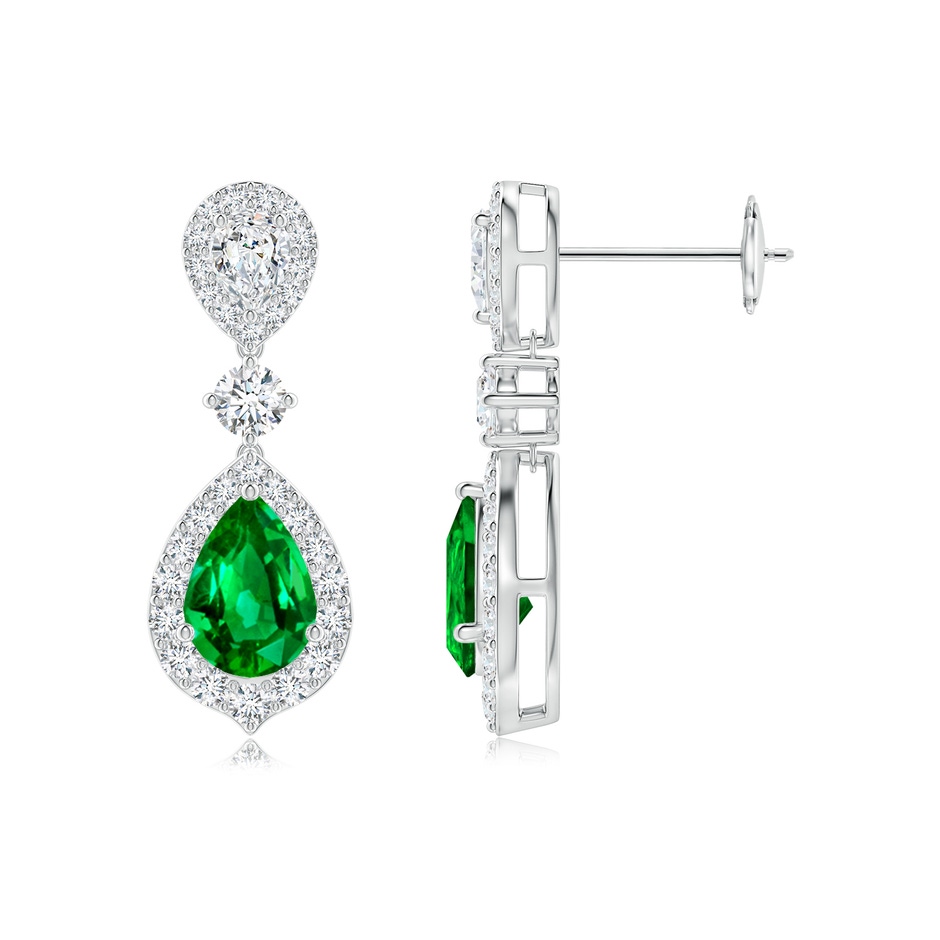 7x5mm Lab-Grown Emerald and Diamond Halo Teardrop Earrings in White Gold 