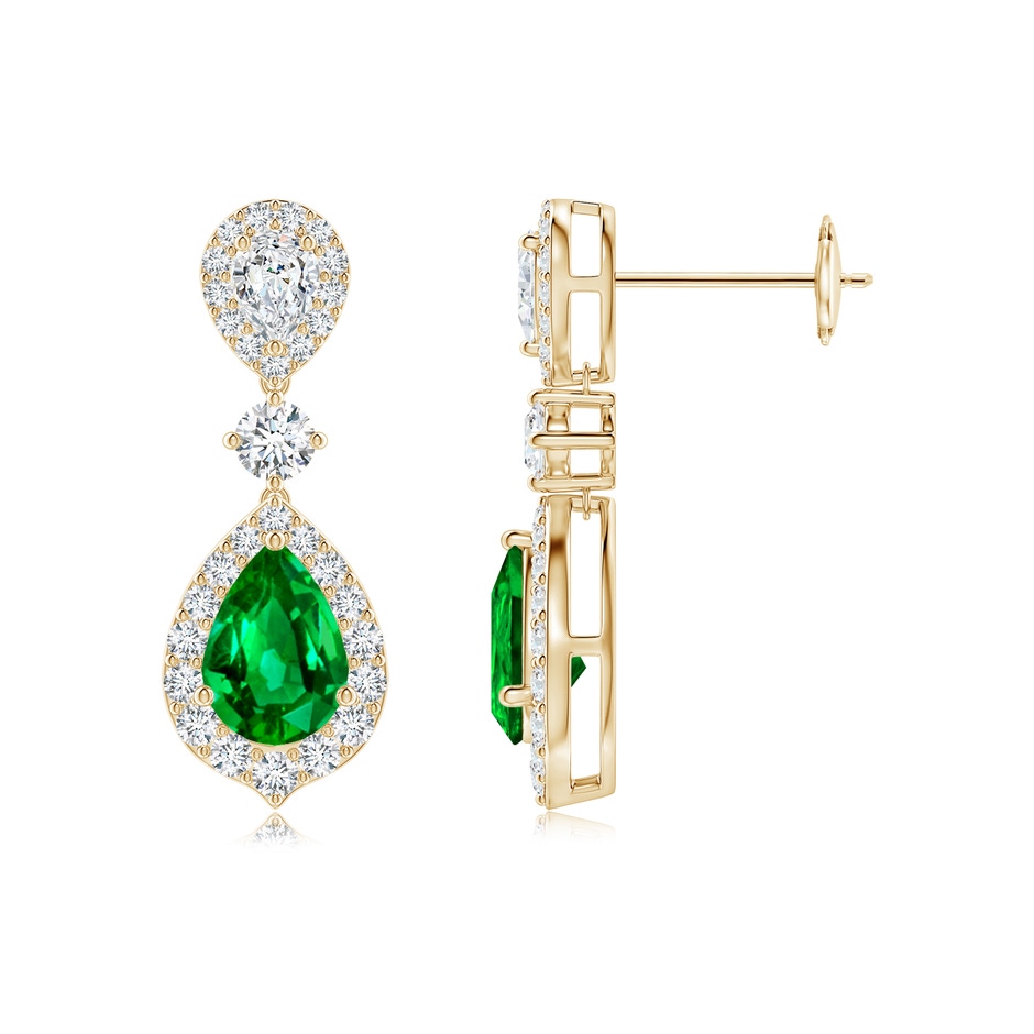 7x5mm AAAA Emerald and Diamond Halo Teardrop Earrings in Yellow Gold 