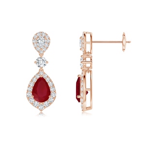 6x4mm AA Ruby and Diamond Halo Teardrop Earrings in 9K Rose Gold