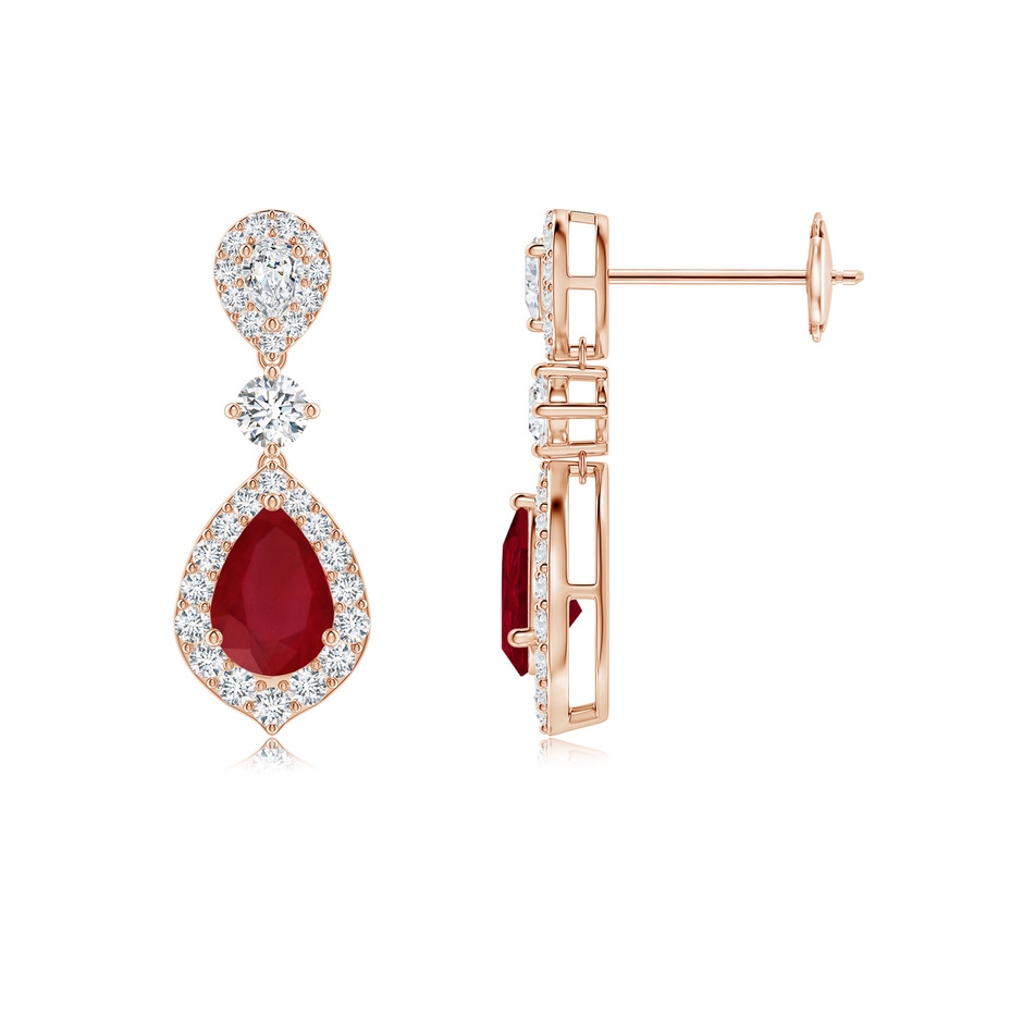 6x4mm AA Ruby and Diamond Halo Teardrop Earrings in Rose Gold 