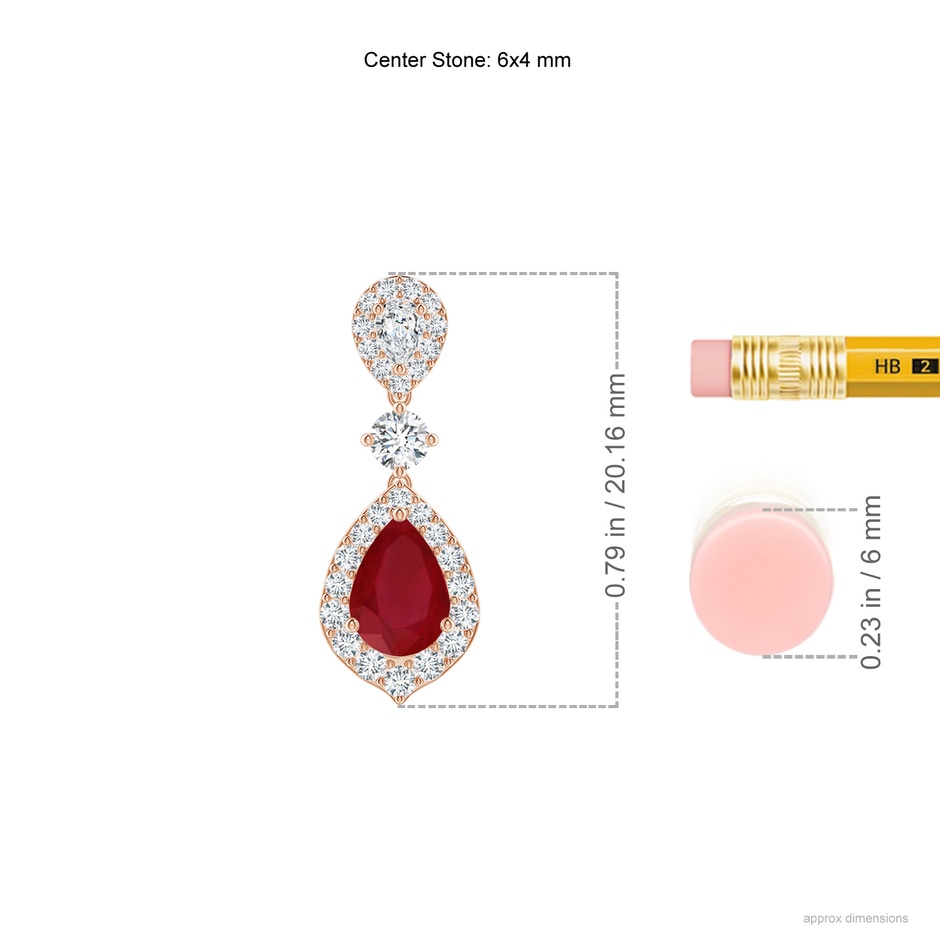 6x4mm AA Ruby and Diamond Halo Teardrop Earrings in Rose Gold ruler