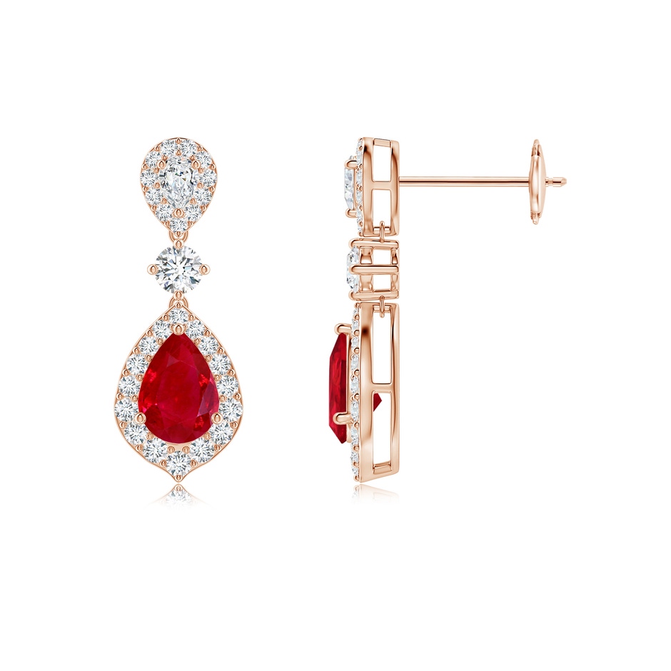 6x4mm AAA Ruby and Diamond Halo Teardrop Earrings in Rose Gold 