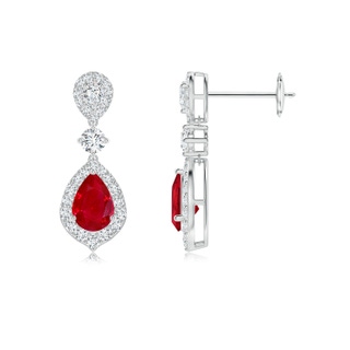 6x4mm AAA Ruby and Diamond Halo Teardrop Earrings in White Gold