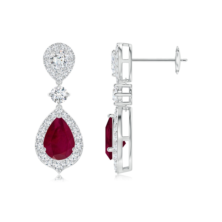 7x5mm A Ruby and Diamond Halo Teardrop Earrings in White Gold 