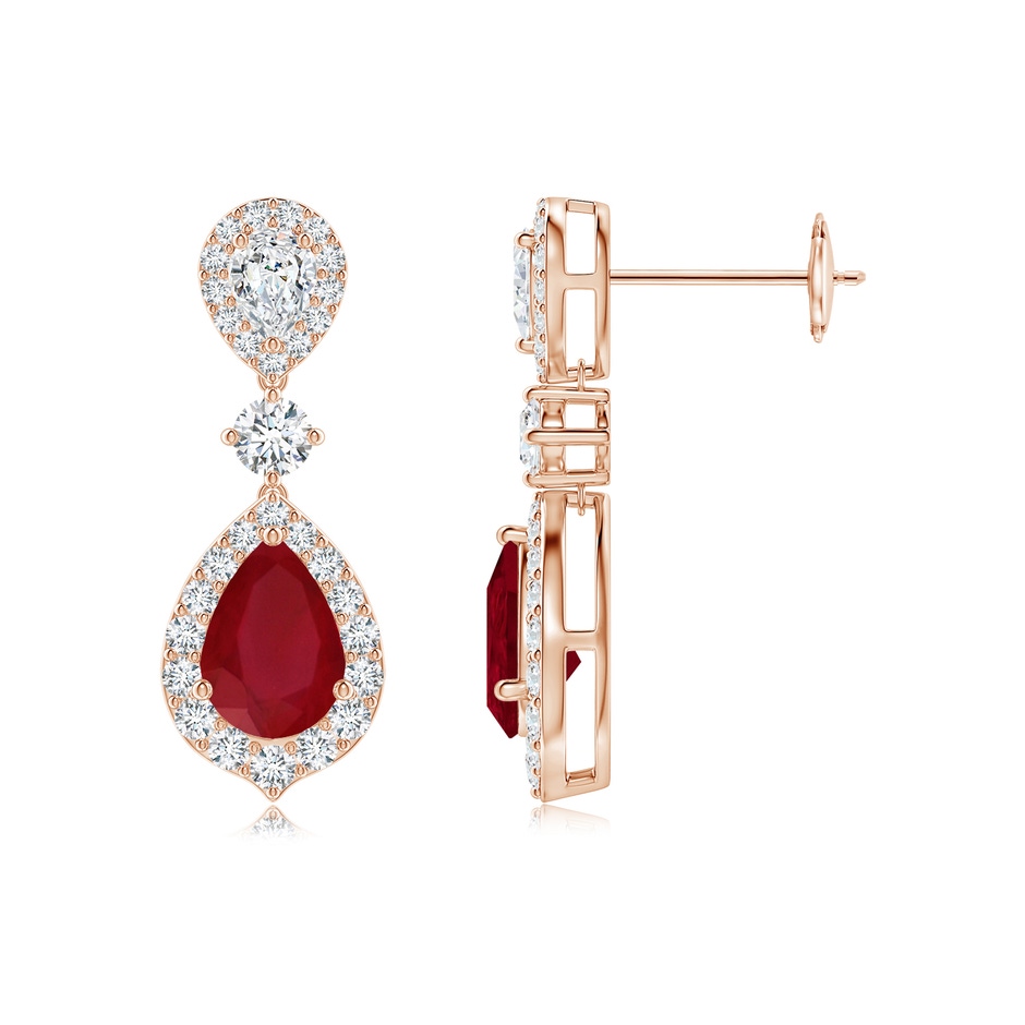 7x5mm AA Ruby and Diamond Halo Teardrop Earrings in Rose Gold 