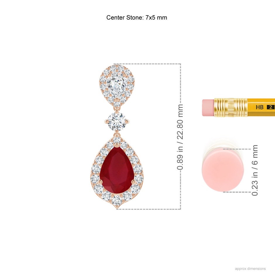 7x5mm AA Ruby and Diamond Halo Teardrop Earrings in Rose Gold ruler