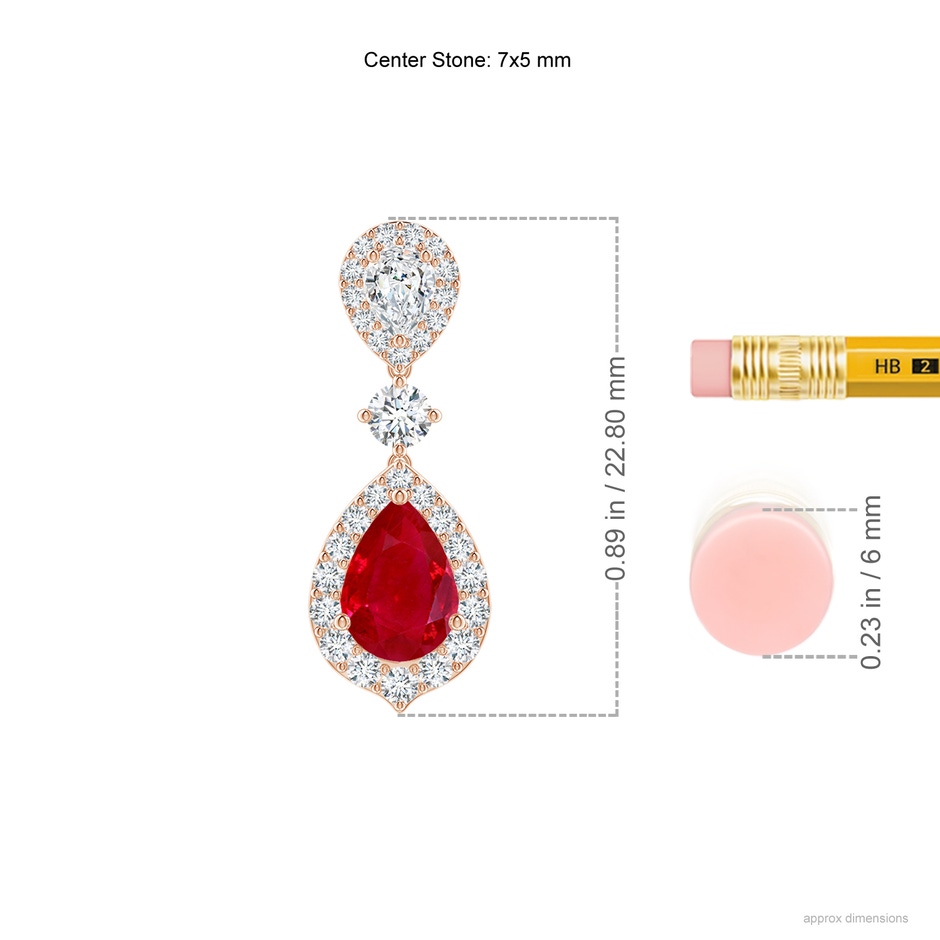 7x5mm AAA Ruby and Diamond Halo Teardrop Earrings in Rose Gold ruler