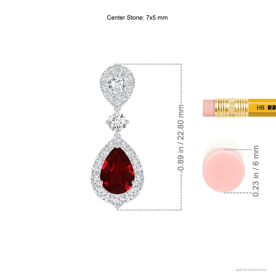 7x5mm AAAA Ruby and Diamond Halo Teardrop Earrings in White Gold ruler