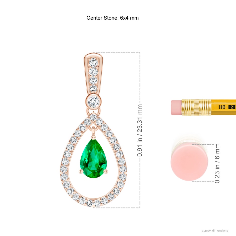 6x4mm AAA Floating Emerald and Diamond Halo Teardrop Earrings in Rose Gold ruler