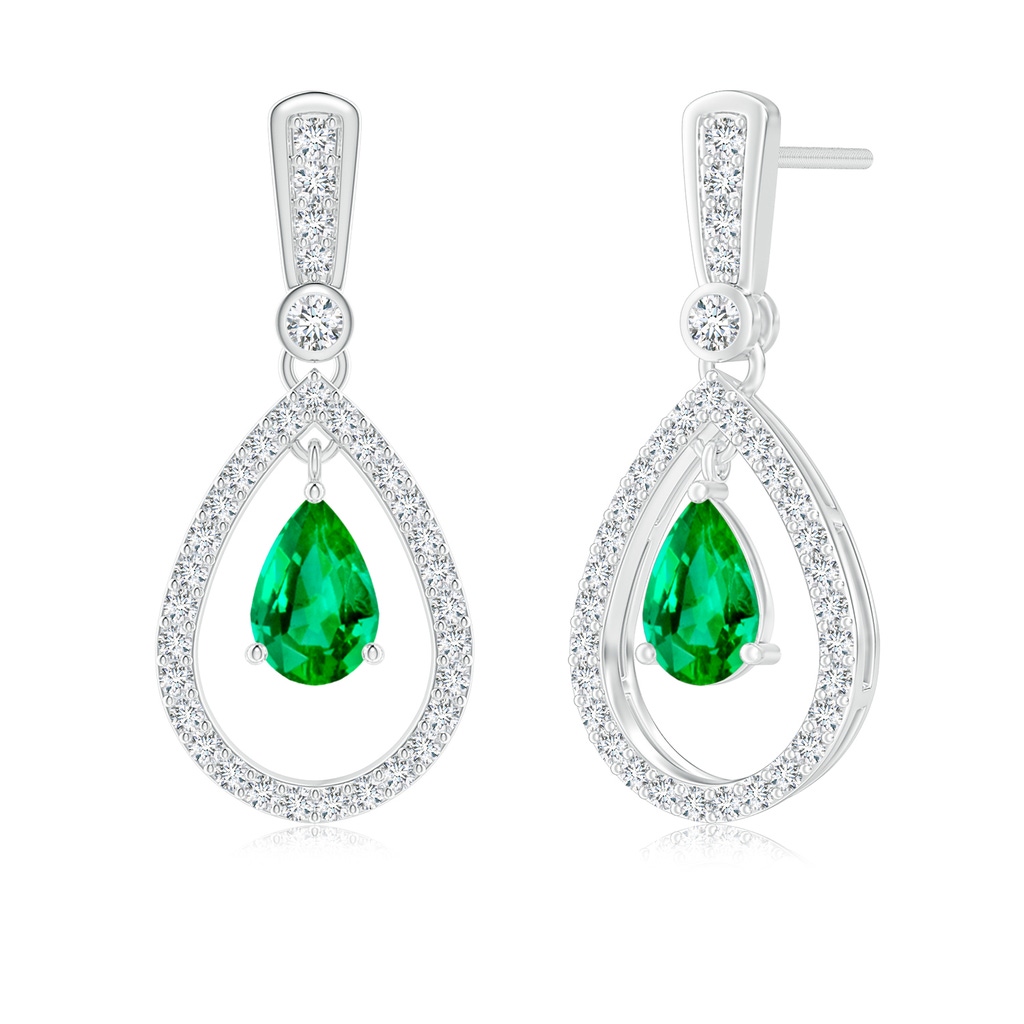 6x4mm AAA Floating Emerald and Diamond Halo Teardrop Earrings in White Gold