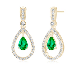 6x4mm AAA Floating Emerald and Diamond Halo Teardrop Earrings in Yellow Gold