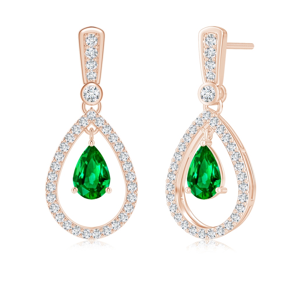 6x4mm AAAA Floating Emerald and Diamond Halo Teardrop Earrings in Rose Gold